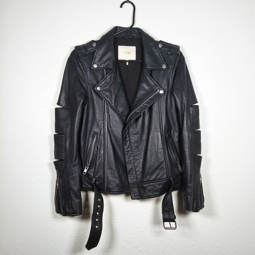 Maje Lamb Leather Biker Jacket Black Zip Up Moto Slotted Sleeves EU 36 US Small